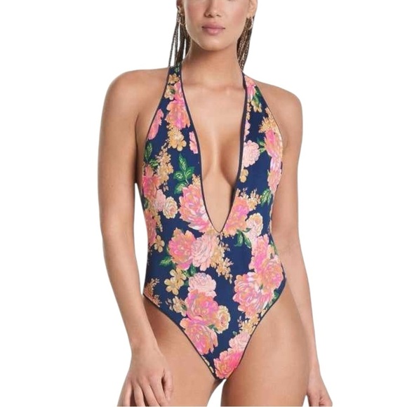 New! Maaji Reversible Cheeky Cut Plunge One Piece -‎ Indigo Blue Tiky - Picture 1 of 9